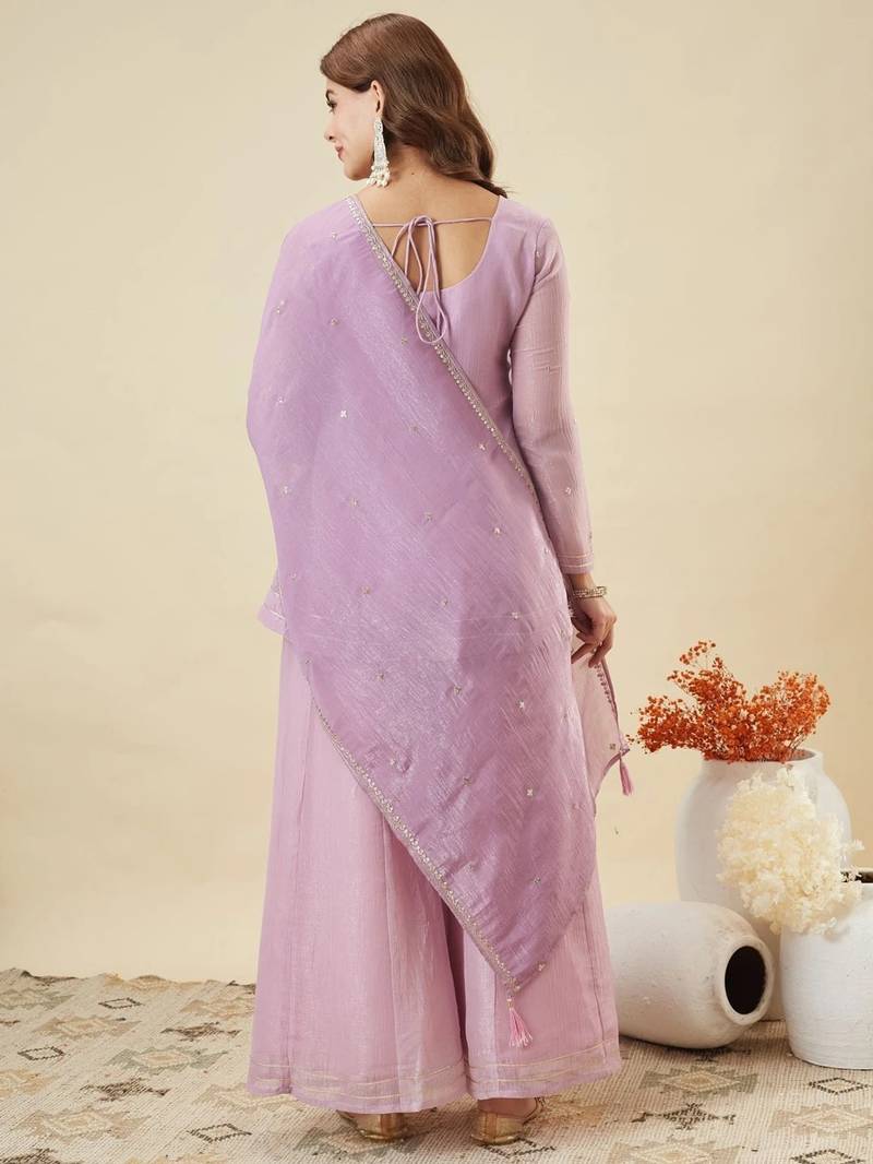 Lavender silk sequence embroidered v neck kurta sharara set with dupatta