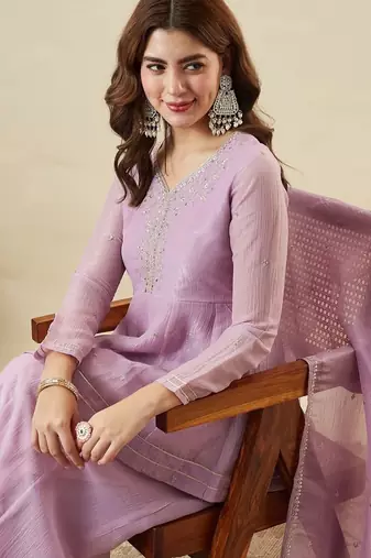 Lavender silk sequin embroidered v neck kurta sharara set with dupatta