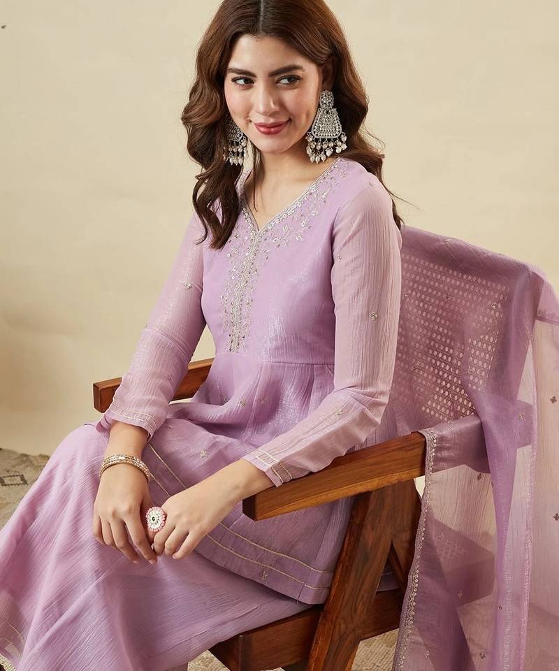 Lavender silk sequence embroidered v neck kurta sharara set with dupatta