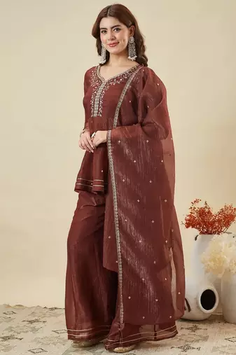 Maroon silk sequin embroidered v neck kurta sharara set with dupatta
