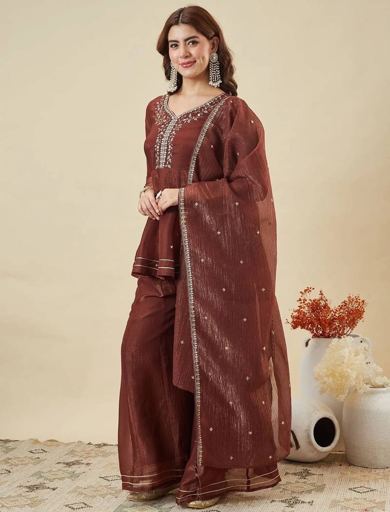 Maroon silk sequence embroidered v neck kurta sharara set with dupatta