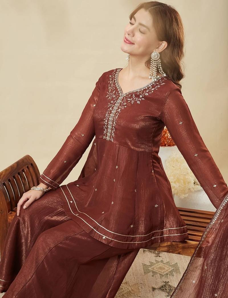 Maroon silk sequence embroidered v neck kurta sharara set with dupatta