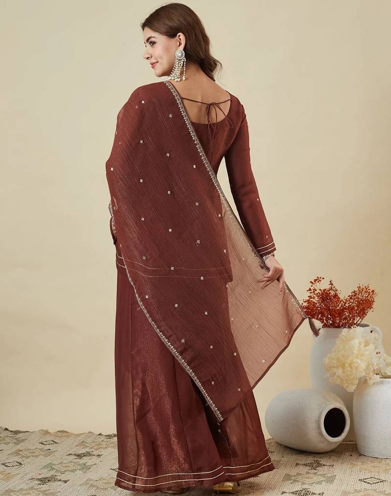 Maroon silk sequence embroidered v neck kurta sharara set with dupatta
