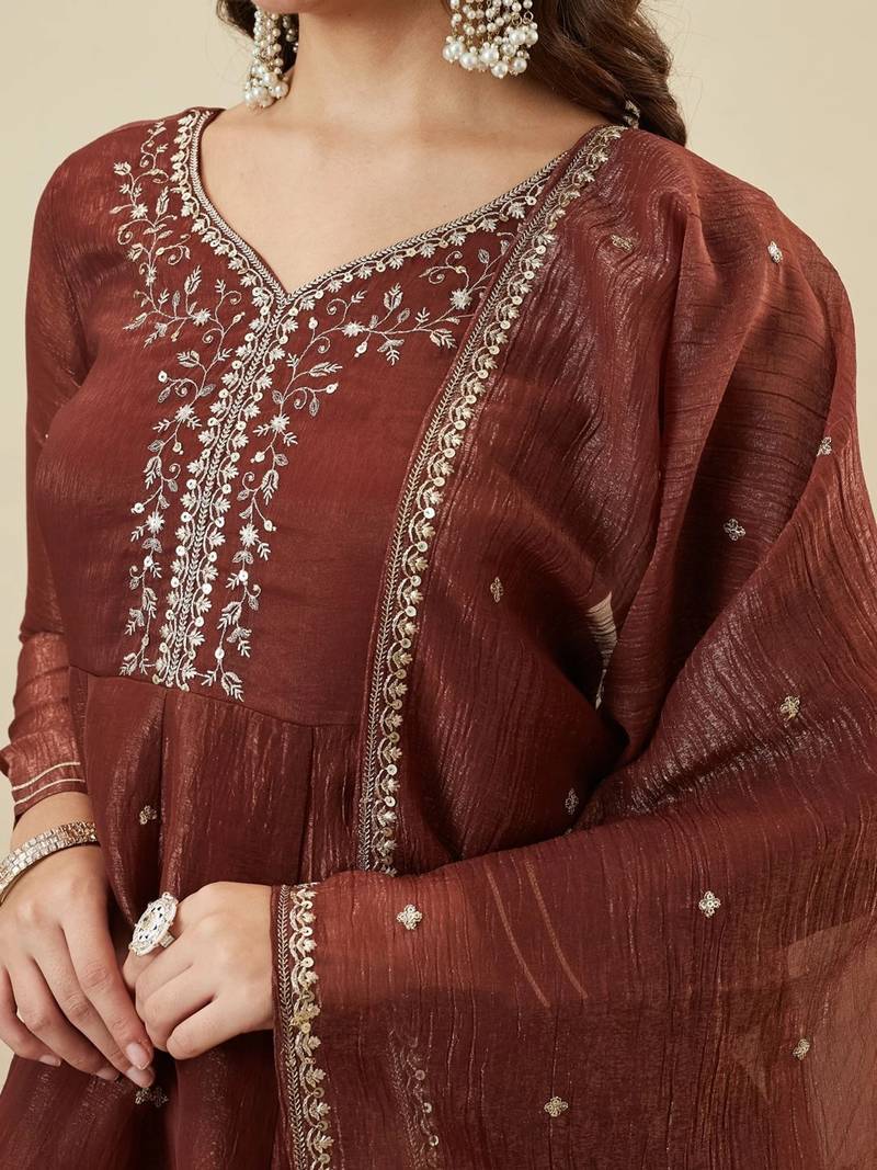 Maroon silk sequence embroidered v neck kurta sharara set with dupatta