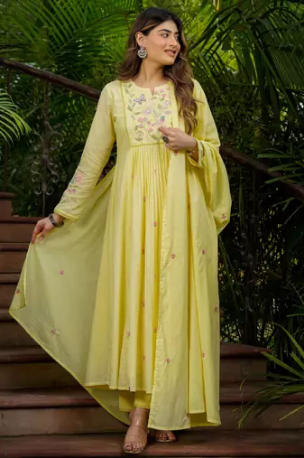 Yellow chanderi silk sequin embroidered round neck kurta set with dupatta