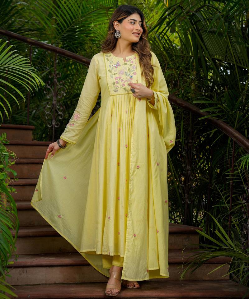 Yellow chanderi silk sequence embroidered round neck kurta set with dupatta