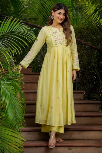 Yellow chanderi silk sequin embroidered round neck kurta set with dupatta