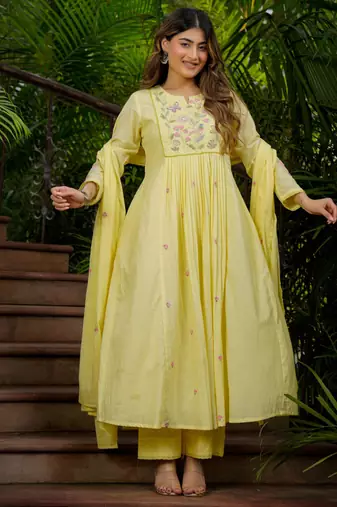 Yellow chanderi silk sequin embroidered round neck kurta set with dupatta