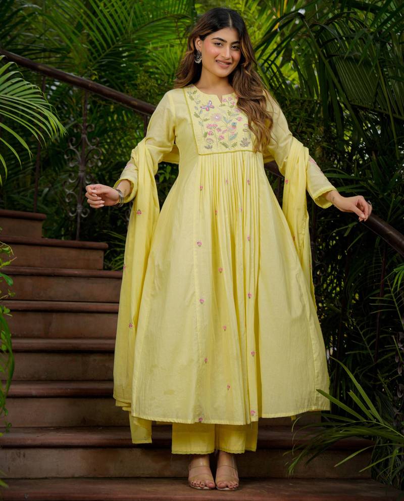 Yellow chanderi silk sequence embroidered round neck kurta set with dupatta