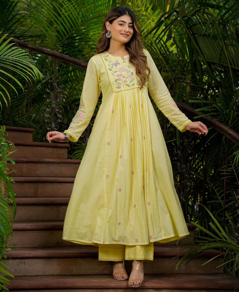 Yellow chanderi silk sequence embroidered round neck kurta set with dupatta
