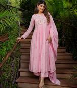 Pink chanderi silk sequence embroidered round neck kurta set with dupatta
