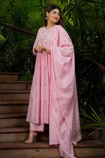 Pink chanderi silk sequin embroidered round neck kurta set with dupatta