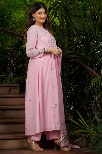 Pink chanderi silk sequin embroidered round neck kurta set with dupatta
