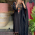 Black chanderi silk sequence embroidered v neck kurta set with dupatta