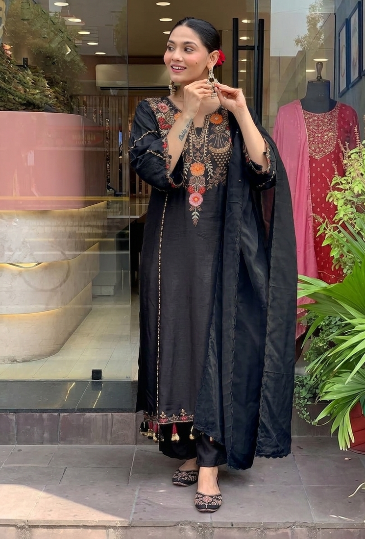 Black chanderi silk sequence embroidered v neck kurta set with dupatta