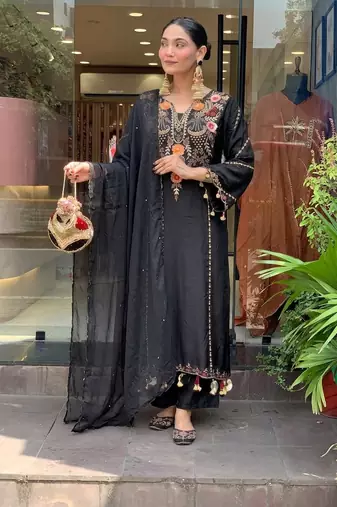 Black chanderi silk sequin embroidered v neck kurta set with dupatta