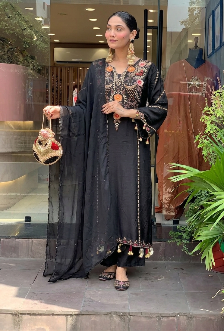 Black chanderi silk sequence embroidered v neck kurta set with dupatta