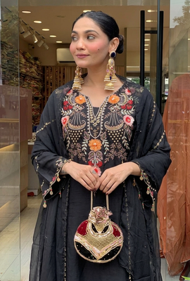 Black chanderi silk sequin embroidered v neck kurta set with dupatta 5