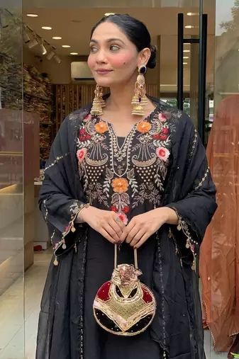 Black chanderi silk sequin embroidered v neck kurta set with dupatta