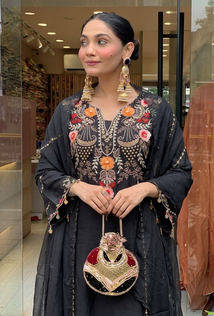 Black chanderi silk sequence embroidered v neck kurta set with dupatta