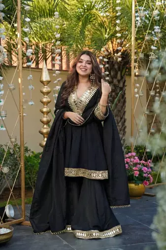Black chinon silk mirror embroidered v neck kurta palazzo set with dupatta
