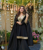 Black chinon silk mirror embroidered v neck kurta palazzo set with dupatta