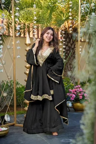 Black chinon silk mirror embroidered v neck kurta palazzo set with dupatta