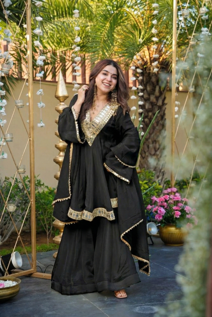 Black chinon silk mirror embroidered v neck kurta palazzo set with dupatta