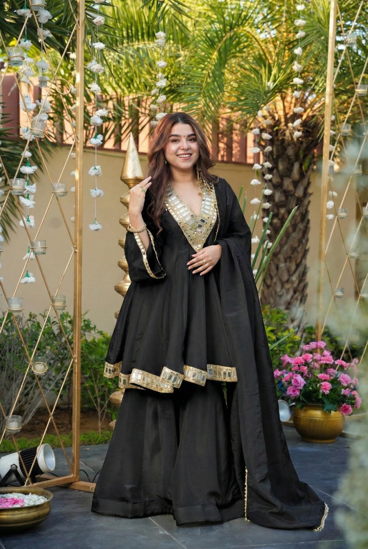 Black chinon silk mirror embroidered v neck kurta palazzo set with dupatta