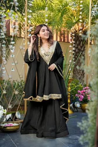 Black chinon silk mirror embroidered v neck kurta palazzo set with dupatta