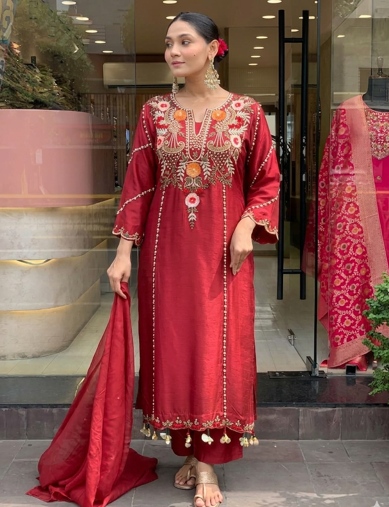 Maroon chanderi silk sequence embroidered v neck kurta set with dupatta