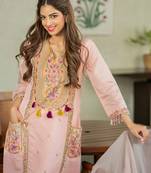 Peach chanderi silk sequence embroidered v neck kurta set with dupatta