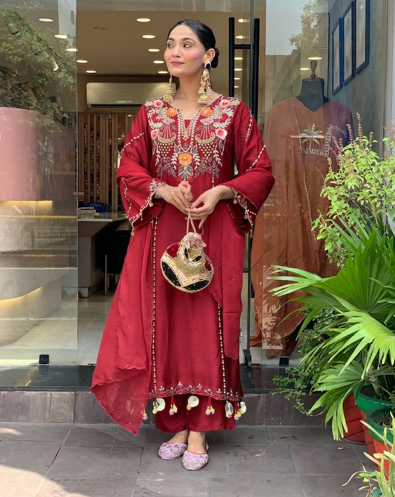 Maroon chanderi silk sequence embroidered v neck kurta set with dupatta
