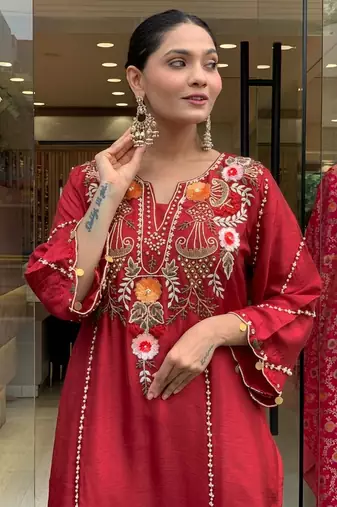 Maroon chanderi silk sequin embroidered v neck kurta set with dupatta