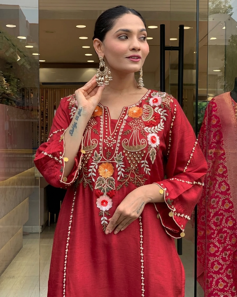 Maroon chanderi silk sequence embroidered v neck kurta set with dupatta