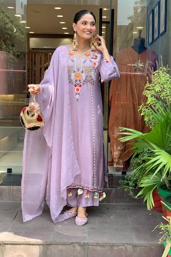 Lavender chanderi silk sequence embroidered v neck kurta set with dupatta