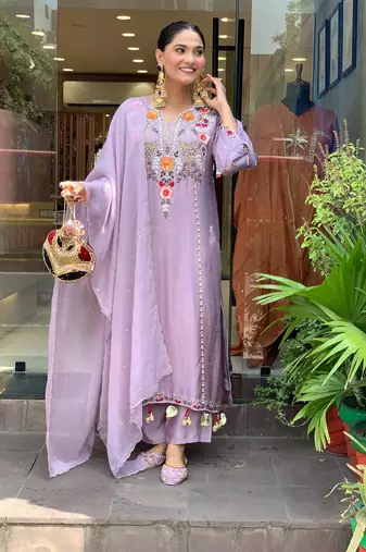 Lavender chanderi silk sequence embroidered v neck kurta set with dupatta