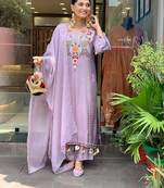 Lavender chanderi silk sequence embroidered v neck kurta set with dupatta