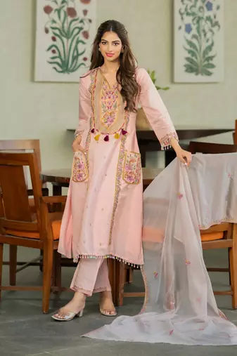 Peach chanderi silk sequin embroidered v neck kurta set with dupatta