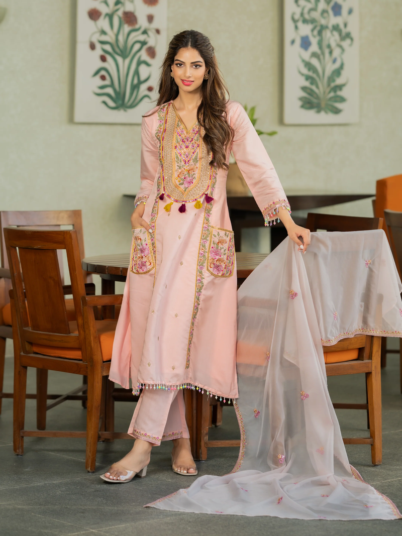 Peach chanderi silk sequence embroidered v neck kurta set with dupatta