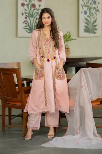Peach chanderi silk sequin embroidered v neck kurta set with dupatta