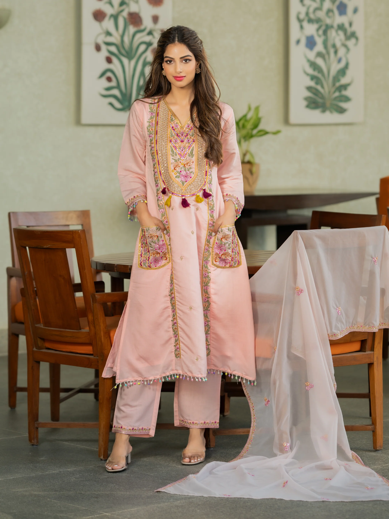 Peach chanderi silk sequence embroidered v neck kurta set with dupatta