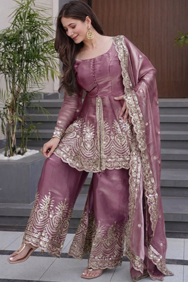 Pink silk sequin embroidered round neck kurta sharara set with dupatta 3