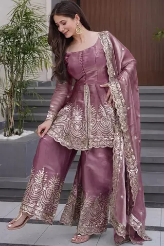 Pink silk sequin embroidered round neck kurta sharara set with dupatta
