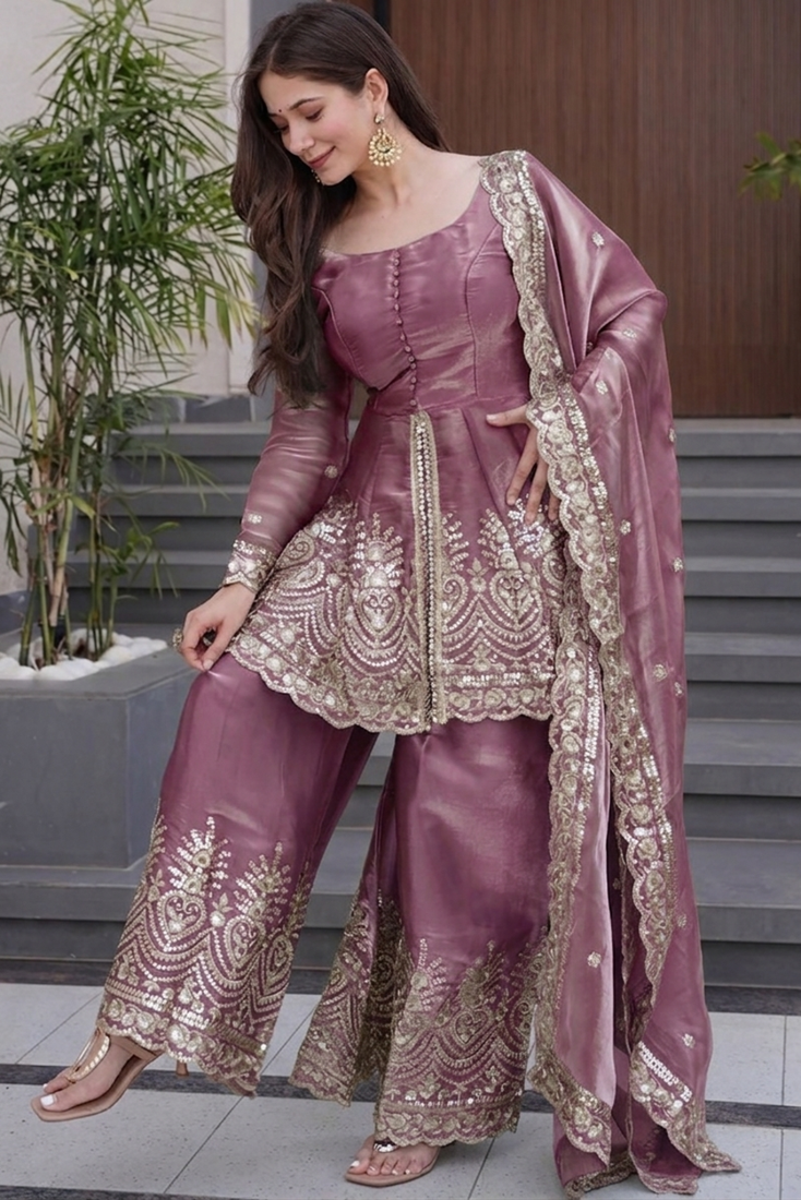 Pink silk sequence embroidered round neck kurta sharara set with dupatta