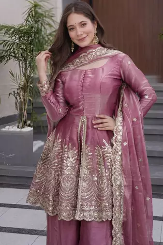 Pink silk sequin embroidered round neck kurta sharara set with dupatta