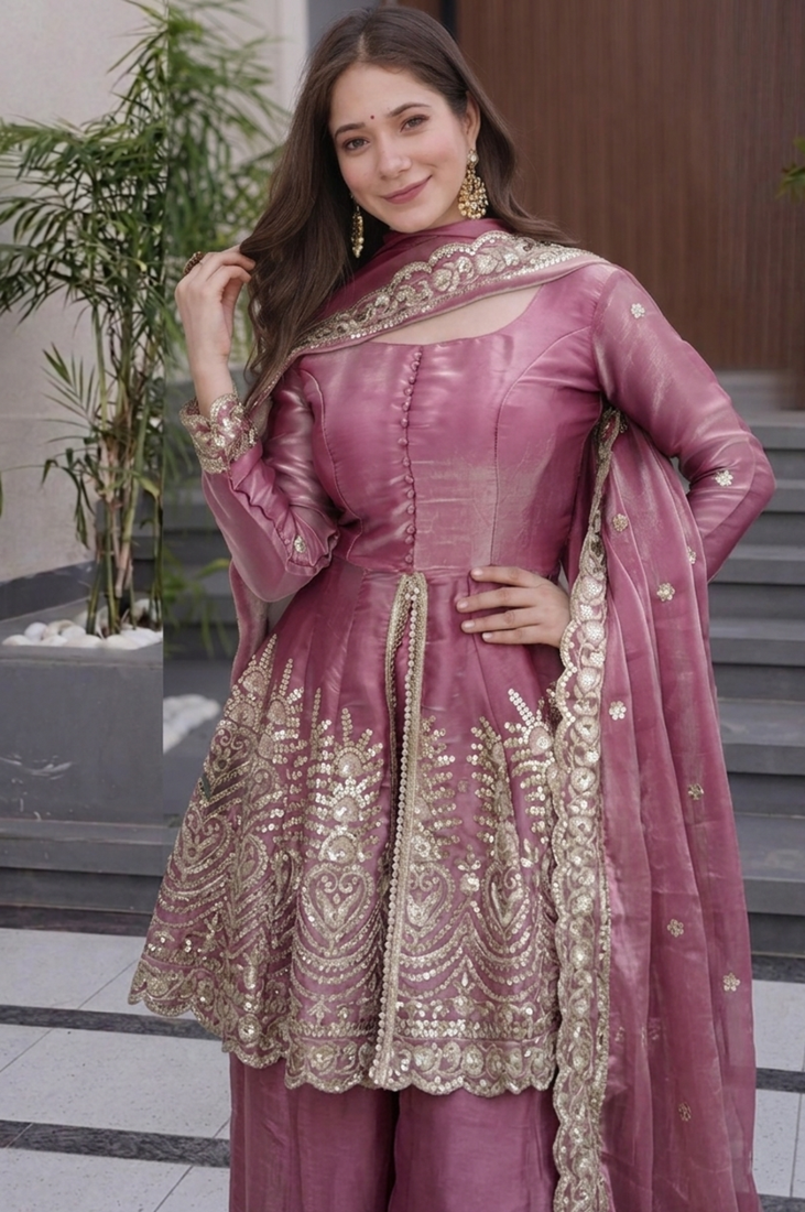 Pink silk sequence embroidered round neck kurta sharara set with dupatta