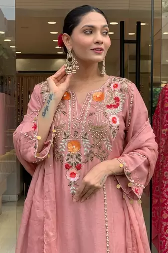 Peach chanderi silk sequin embroidered v neck kurta set with dupatta
