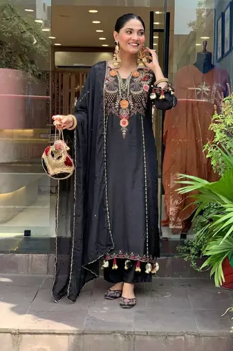Black chanderi silk sequence embroidered v neck kurta set with dupatta