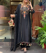 Black chanderi silk sequence embroidered v neck kurta set with dupatta